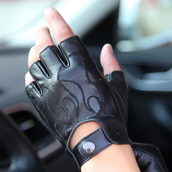 Fingerlose Handschuhe Echtes Leder Halbfinger Mann Importiert Schaffell Fahren Ungefüttert Halbfinger Fäustlinge Anti-Rutsch Atmungsaktiv Männlich M047N4