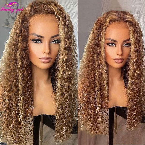 Destaque Wig Human Hair Water Wave 13x4 Lace Corpo frontal Wavy Wavy Colored Wigs Brasileiro 34 polegadas Mel loiro