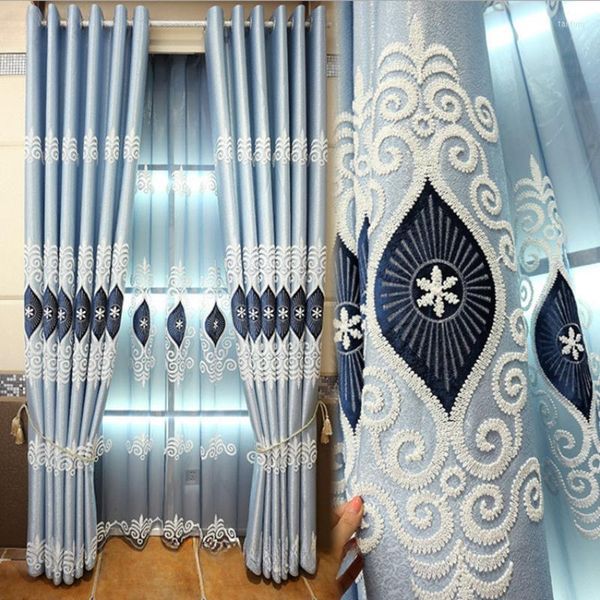 Tenda Tende da camera da letto per soggiorno di lusso Atrio europeo Occhi di angelo Semplice toppa ricamata blu Filato di stoffa di velluto