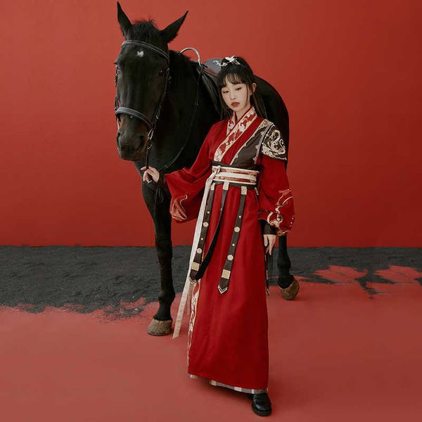 Ethnische Kleidung Neues rotes Hanfu-Kleid für Frauen Hübscher Krieger kommt chinesische traditionelle Kleidung Han-Tang-Dynastie Alte Kleidung DQL6824 G230428