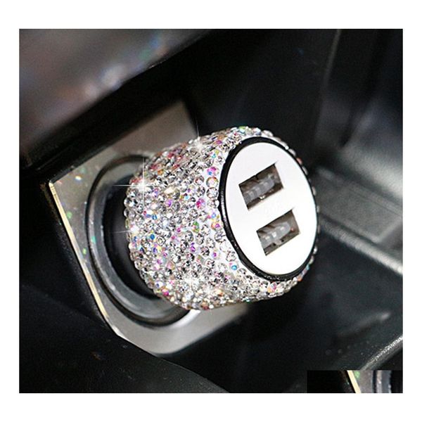 Carregador de carro Bling USB 5V 2.1A Porta dupla Adaptador Fast 4 Cores Decoração de Diamante Acessórios Diamante Interior Para Mulher Drop Deliver