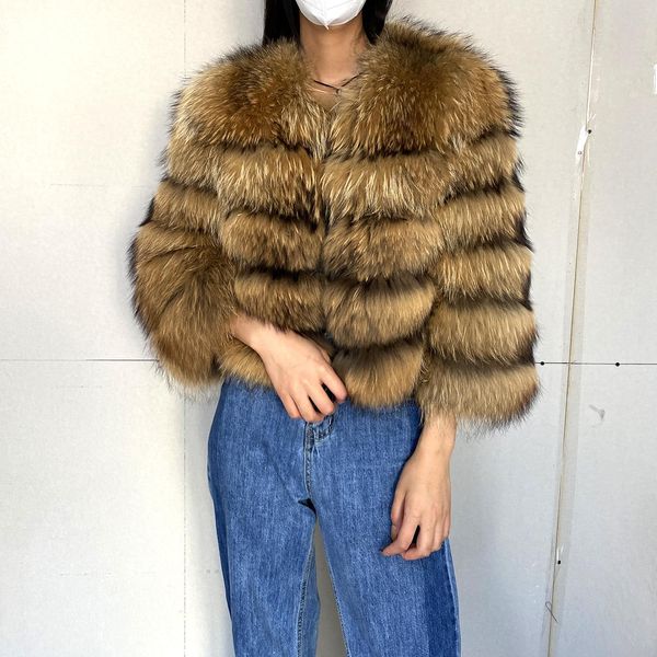 Casaco de pele real feminino inverno quente natural casaco de pele de cachorro de guaxinim alta qualidade moda de luxo 50cm jaqueta curta atacado quente 2022