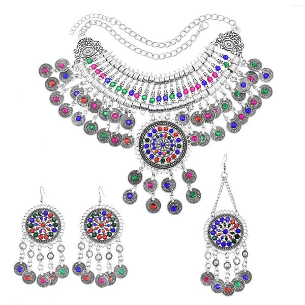 Halskette Ohrringe Set Frauen Gypsy Bunte Kristall Haarspange Antike Münze Vintage Türkischer Ethnischer Schmuck