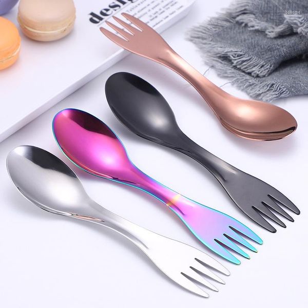 Set di posate 4/6/8Pcs Cucchiaio forchetta due in uno Stoviglie in acciaio inossidabile 304 Posate da picnic Utensili da campeggio all'aperto portatili Spork Camp