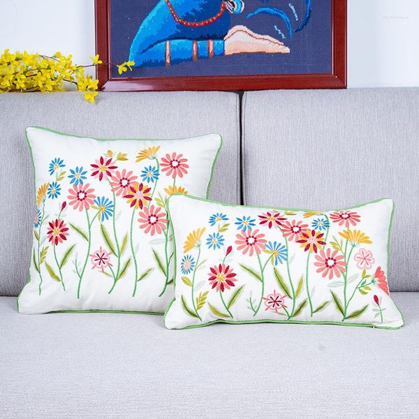 Kissen mit Blumenbezug, wilde Blume, Gänseblümchen, Landhausstil, Baumwolle, Stickerei, Heimdekoration für Wohnzimmer, Sofa, Bett