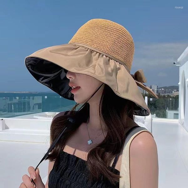 Cappelli a tesa larga Summer Black Rubber Bowknot Sun Hat Women's UV-proof Large Parasole lavorato a maglia Hollow Sunscreen Beach Bathing