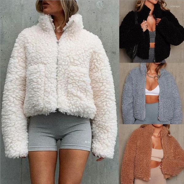 Moda de pele feminina Mulheres fofas de casacos Faux Wool Blend Warm Winter Jacket Zip Up Manga Longa de Armazenamento Curto