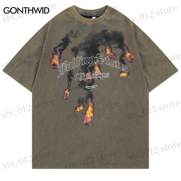 T-shirt da uomo Hip Hop Vintage Tshirt Uomo Flame Stone Lettera Stampa Punk Gothic Washed T Shirt Streetwear 2023 Harajuku Fashion Cotton Tee Top T230512