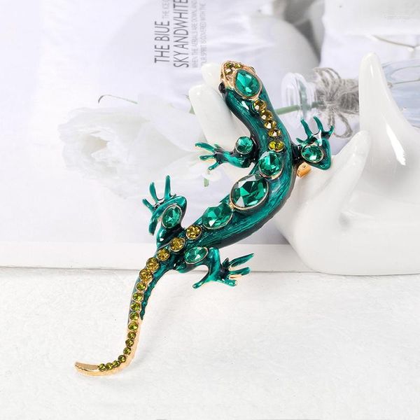 Broşlar Lizard Gecko Broş Pin Rhinestone Yeşil Geckos Hayvan Pimleri ve Korsage Yakası Giysileri Süs Mücevherleri