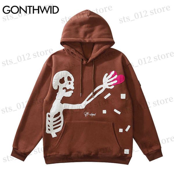 Erkek Hoodies Sweatshirts Gonthwid Hip Hop Street Giyim Hoodie Sweatshirt İskelet Yaması Polar kapüşonlu 2023 Mens Harajuku Kış Pamuk Külot Kahverengi T230512