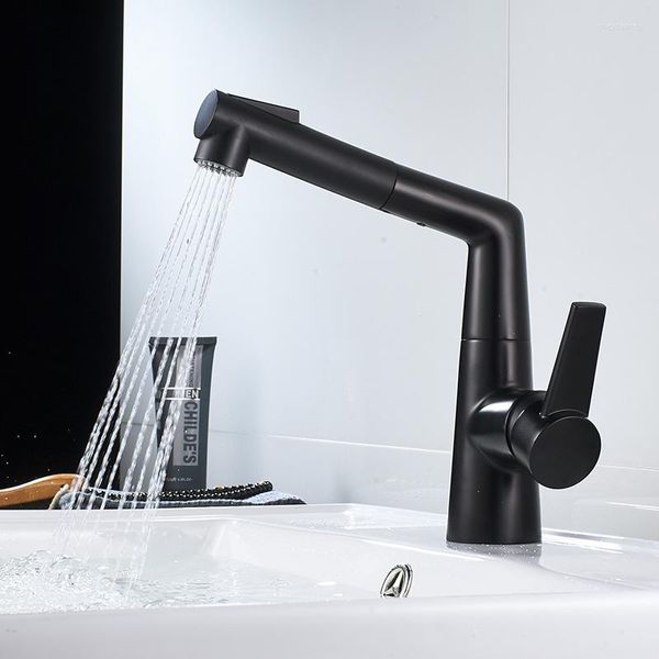 Badezimmer-Waschtischarmaturen, Produkt, komplett aus Kupfer, ausziehbarer Waschbecken-Wasserhahn, Kalt- und Tisch-Waschtisch-Kopfwasch-Haar-Rotation, Schwarz