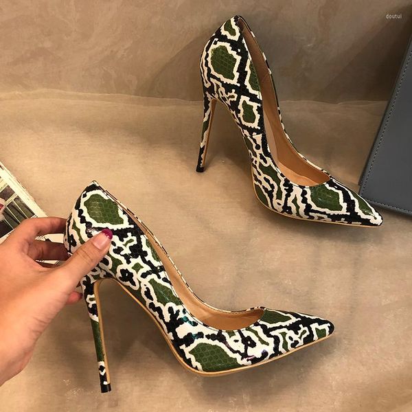 Отсуть обувь мода Женские дизайнерские бренды граффити с печеной змеи Python Point Toe High Heels Насосы Stiletto 33-43