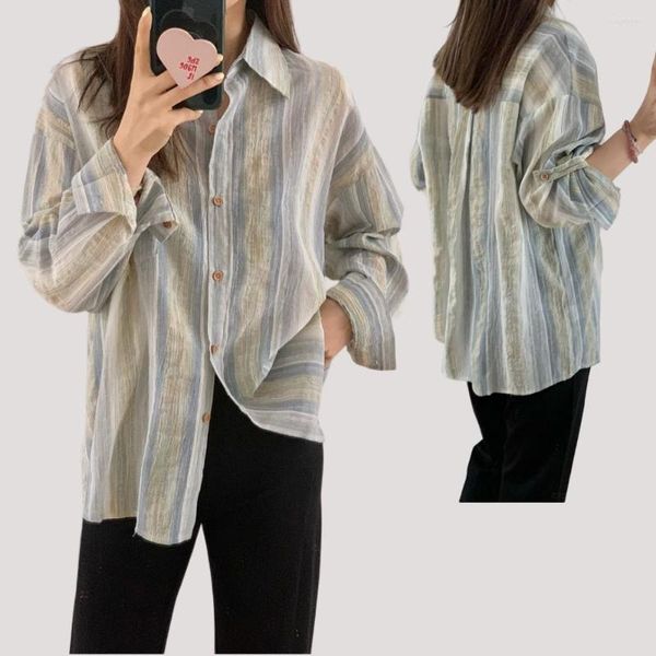 Blusas femininas longas 60% algodão listra fina camisa de grandes dimensões topo feminino 2023 verão namorado estilo solto macio casual blusa básica manga cheia