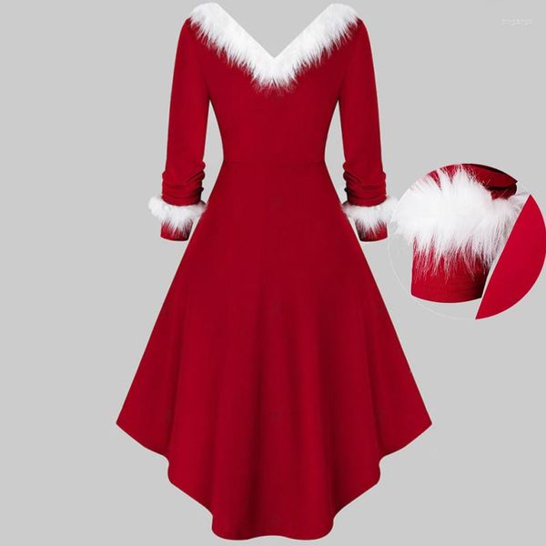 Sıradan elbiseler skmy kış seksi v yaka kırmızı Noel uzun kollu midi salıncak prenses elbise beyaz tüy asimetrik kadınlar parti Noel Baba