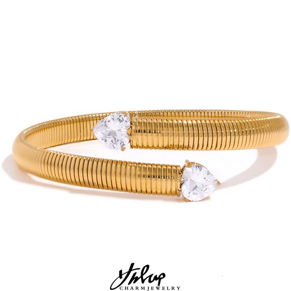 Bracelets de charme YHPUP Moda de metal esticado de aço inoxidável coração Coração cúbico de zircônia aberta pulseira pulseira de textura à prova d'água jóias de cor de ouro 18k 230511
