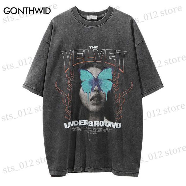 Erkek Tişörtler Hip Hop Punk Tshirt Erkek Kelebek Kız Baskı Gotik Kaya Sıkıntılı T Shirt Street Giyim Harajuku Yaz 2023 Sıradan Gevşek T-Shirt T230512