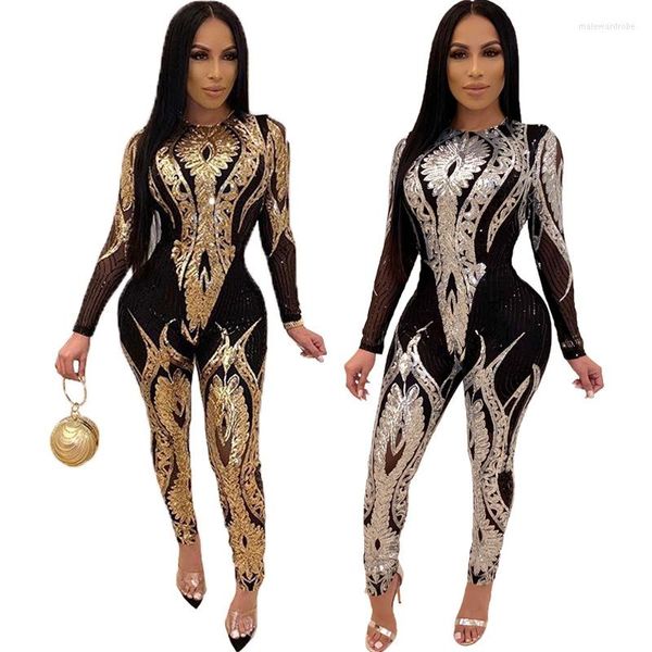 Meninas femininas de pista de lantejous de lantejoulas de lantejoulas pretas Meninas de malha Mesh Mesh Bodycon Romances de outono Spring One Piece Club Roupet Bodysuit Clubwear