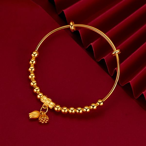 Bangle Women With Lotus Flower Beads Design Elegante 18k Gold Yellow Classic Classic Fashion Jewelry Gift DIA 60mm