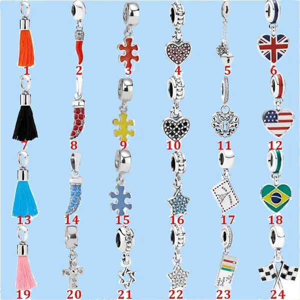 925 Charms de miçangas de prata Fit Pandora Charm Fringe Cross Flag Pentagram