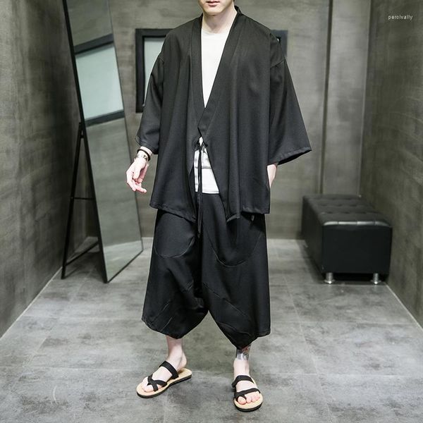 Abbigliamento etnico M-5XL Taglie forti Uomo Kimono Cardigan con pantaloni incrociati Set di due pezzi Tinta unita Estate Streetwear Stile giapponese