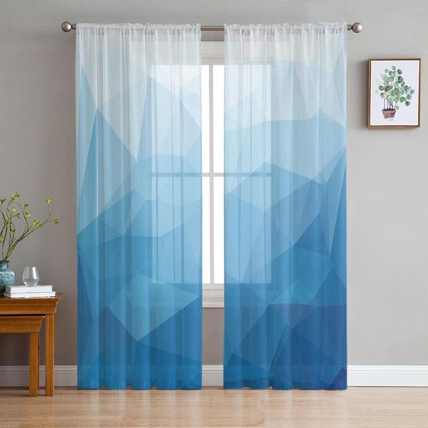 Cortina Triângulo Color Bloco de Bloco Azul Cortinas transparentes para sala de estar Modern Voile Bedroom Tule Drapes de janela