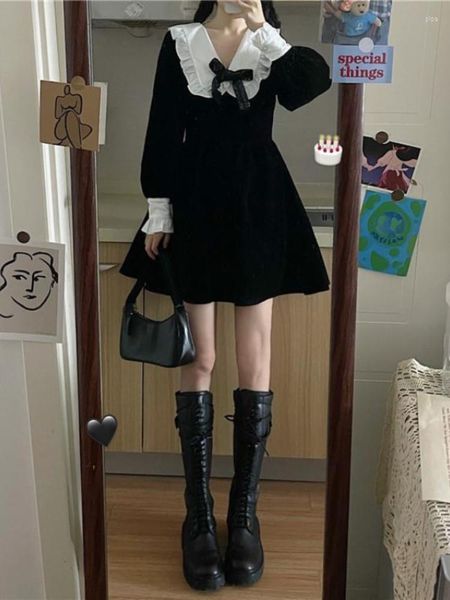 Abiti casual 2023 Kawaii Bow Dress Donna Stile preppy giapponese Manica lunga Mini Black Goth Vintage Lolita Abiti Sweet Streetwear