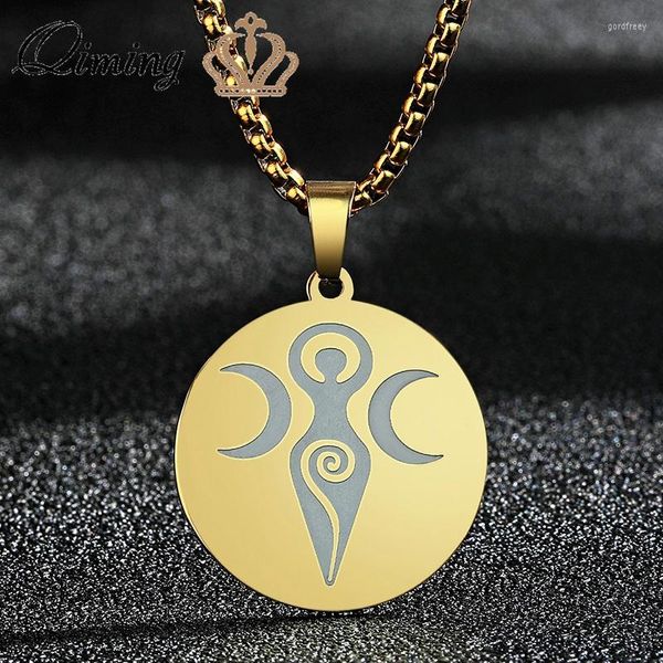 Collane con ciondolo QIMING Wicca Collana a spirale della dea per donna Uomo Acciaio inossidabile Luna Stregoneria Gioielli religiosi pagani