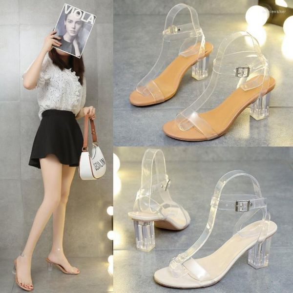 Sandálias comemore 2023 verão mulheres transparentes moda de cristal impermeável sandal elegante calcanhar médio salto alto sapatos