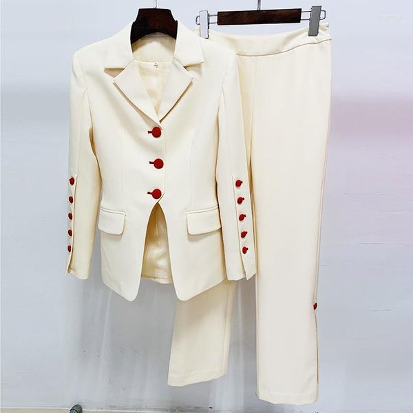 Damen Zweiteilige Hosen High Street Hosenanzüge Set Beige Damen Büro Einreihiger Blazer Anzüge mit weitem Bein Eleganter modischer formeller Anzug