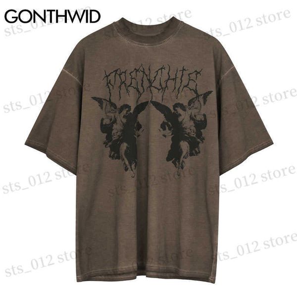 Мужские футболки Gonthwid Tshirts Streetwear винтажная картина Принт Punk Rock Готические футболки Хип-хоп мода летние повседневные хлопковые топы T230512