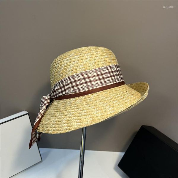 Chapéus de aba larga 202307-2509023 Drop Summer Summer elegante, protetora solar laminada Plaid Ribbon Straw Lady Sun Cap Women Leisure Beach Hat Beach Hat