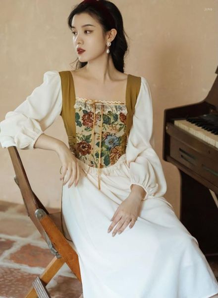 Vestidos casuais vestido de estilo vitoriano vintage pintura a óleo retro jacquard flor de flor romântica elegante lady midi vestido festa