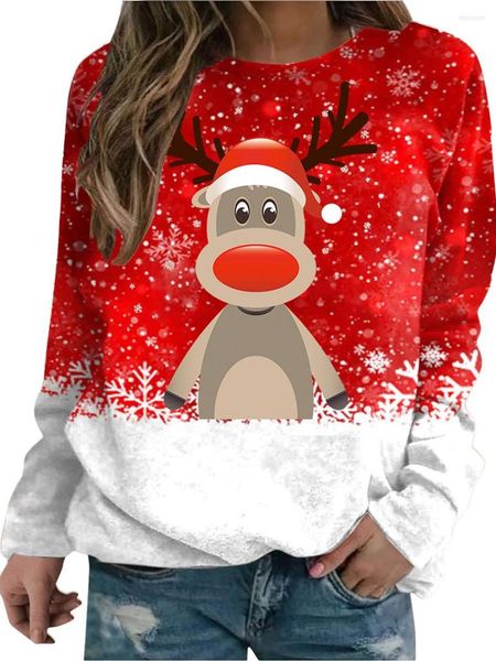 Felpe con cappuccio da donna Maglione natalizio da donna Pullover Felpa a maniche lunghe Camicie larghe Simpatico pupazzo di neve Elk Tree Maglione stampato