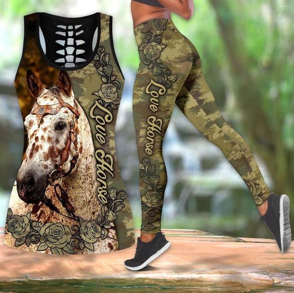 Kadın Taytları Kadın At Aşıkları Baskı Combo ve Tank Top Yoga Seti Kolsuz Yelek Pantolon Yaz Kıyafetleri 6 Stil