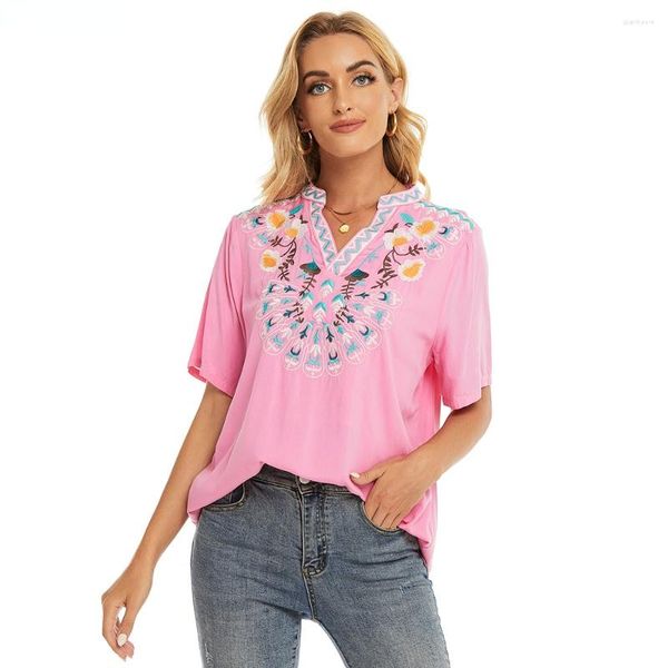 Damenblusen Le Luz Blumenstickerei Bluse Shirt Baumwolle Sommer Mexikanische Frauen Übergroße 2XL 3XL Ethnische Damen Damen Tops