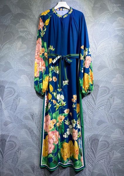 Lässige Kleider 2023 Frühlings-langes Kleid Hohe Qualität Frauen Charmante Blumendrucke Gürtel Deco Sleeve Dunkelblaue Maxi-Kleidung