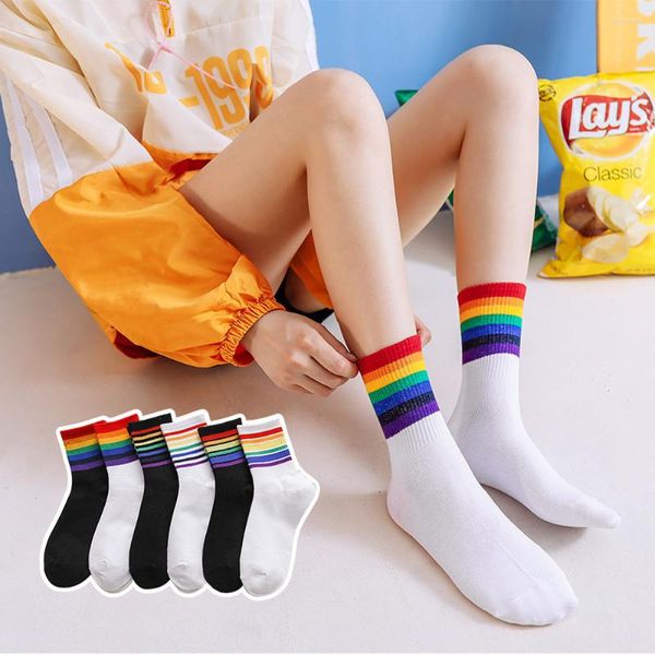 Damen Socken Instime Unisex Streifen Mid Men Harajuku Bunt Lustig 100 Baumwolle 1 Paar Kawaii Regenbogen