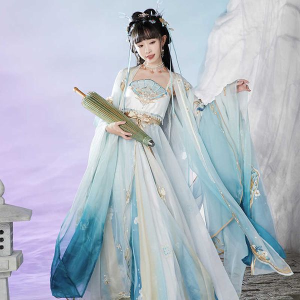 Ethnische Kleidung Neue chinesische traditionelle Kleidung für Frauen Erwachsene Volkstanz Bühnenkleid Tang-Dynastie Prinzessin Anzug Blau Hanfu kommt DQL6493 G230428