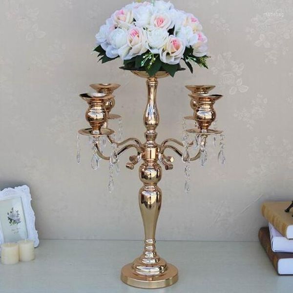 Titulares de velas 12pcs) 50cm de altura) Decoração por atacado Metal 5 Arm Candelabra para a mesa de casamento CENTERPIECES YUDAO1333