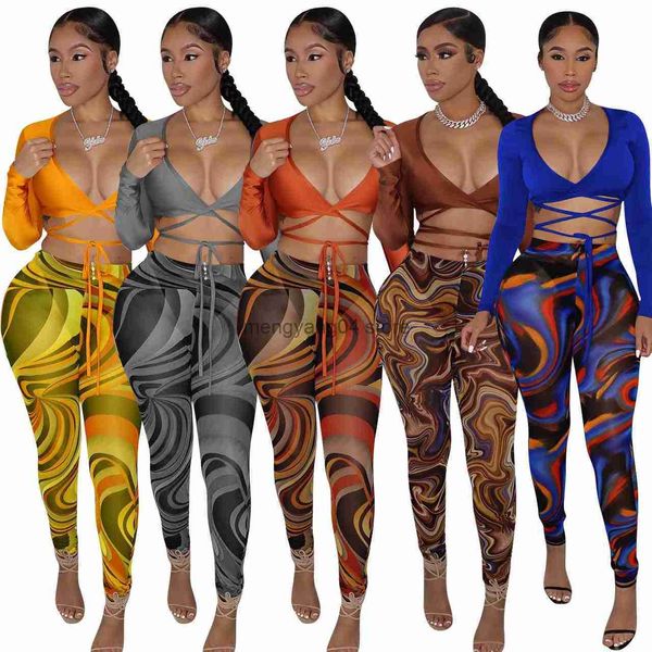 Frauen zwei Stück Hosen Verband zweiteilig Set sexy v Hals Schnürung Crop Top + Print Sheer Mesh Pant Suits Club Party Tracksuit Frauen Festival Outfits Y2K T230512