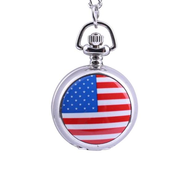 Pocket Watches 6078Trend Retro Flag Pattern Printed Open Cover Watch с Chain Ladies Kids AccessoriesPocket