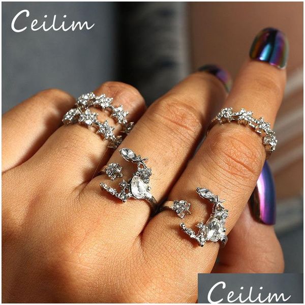 Ringos de cluster 5pcs/set strass de cristal vintage para mulheres minúsculas arremessos de dedos de dedo lunar