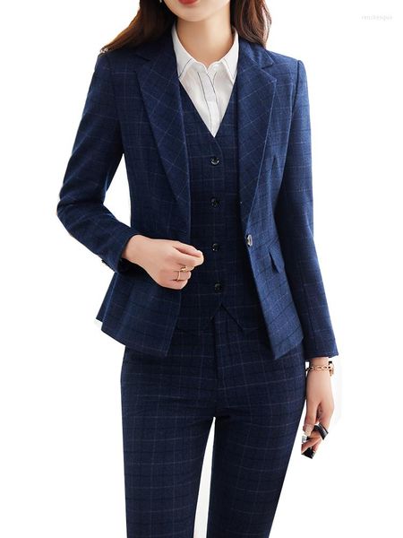 Pantaloni a due pezzi da donna Blazer formale a quadri blu Gilet e tailleur pantalone Disegni uniformi da donna 3 Set per abbigliamento da lavoro da lavoro da donna d'affari