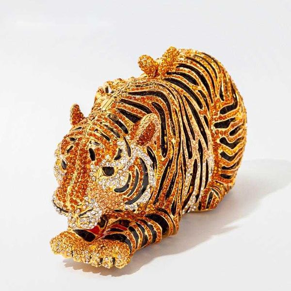 Omuz Çantaları Tiger Kristal Akşam Debriyaj Düğün için Yeni Metal Bling Rhinestone Yenilik Çantalar ve Çantalar Lüks Tasarımcı 230426