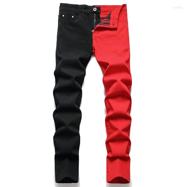 Erkekler Kot Moda Trendi Erkekler Mikro-Elastik Denim Dikiş Tasarımcısı Çok Renkli Sokak Giyim Siyah Kırmızı Yamalar Pantolon