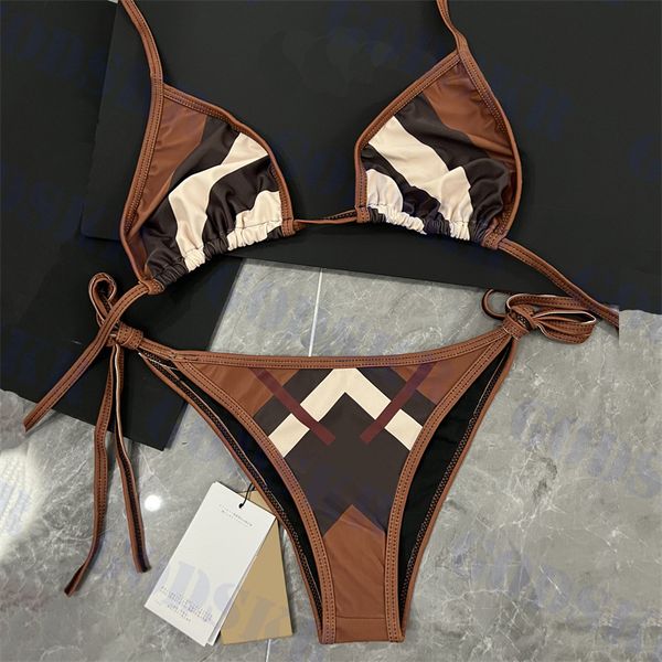 Bikini a quadri marrone Costume da bagno con lacci da donna Nuovo costume da bagno con stampa scozzese Bikini a triangolo in due pezzi