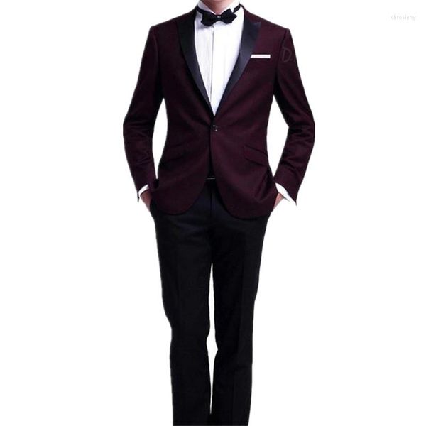 Ternos masculinos Terno de vestido personalizado Man Wine Wine Red Black Lapel Business Casual Casual e calça