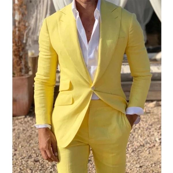 Abiti da uomo Blazer Estate Lino giallo Un bottone Uomo 2 pezzi Costume Homme Sposo Prom Wedding Blazer (Giacca pantaloni) Terno Masculino Slim F