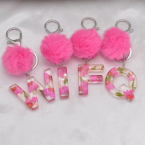 Portachiavi Lettera Portachiavi Cute Pink Pompon Peluche Stampa Portachiavi Ciondolo auto Borsa Borsa Acrilico Paillettes Charms Regalo Gioielli Accessori