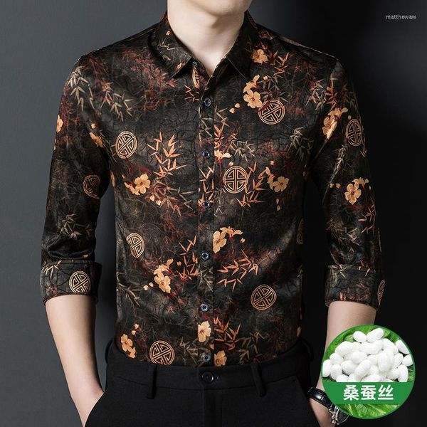 Camisas casuais masculinas Camisa de vestido sofisticada Homens de seda real manga longa em forma chinesa impressão vintage mole confortável quimise homme